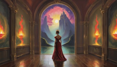 1girl,solo,dress,bare shoulders,standing,sky,cloud,water,from behind,hand on hip,night,moon,red dress,fire,crown,scenery,strapless dress,reflection,wooden floor,mountain,backless outfit,long dress,facing away,backless dress,pillar,castle,gown,column,short hair,black hair,indoors,dark skin,dark-skinned female,wide shot,flame