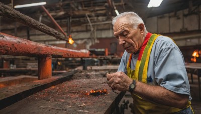 solo,short hair,shirt,1boy,closed mouth,closed eyes,upper body,white hair,male focus,indoors,blurry,apron,blurry background,facial hair,fire,clenched hand,sleeves rolled up,watch,realistic,wristwatch,old,old man,photo background,arm hair,yellow apron,wrinkled skin,smile,white shirt,yellow shirt,ceiling light