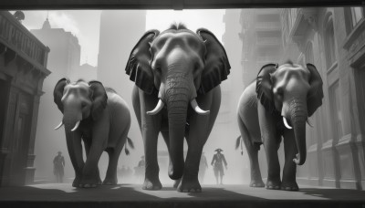 1girl,hat,standing,monochrome,greyscale,outdoors,multiple boys,animal,building,monster,city,size difference,giant,horns,letterboxed,scenery,walking,horse,oversized animal,dinosaur,people,cow,elephant,goat