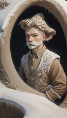 solo,looking at viewer,short hair,blue eyes,blonde hair,shirt,gloves,long sleeves,1boy,closed mouth,upper body,white hair,male focus,collared shirt,vest,lips,coat,facial hair,animal,black background,beard,brown jacket,realistic,mustache,dragon,brown shirt,artist name,fur trim,nose