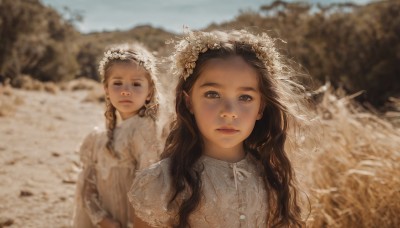 long hair,looking at viewer,multiple girls,brown hair,hair ornament,dress,2girls,brown eyes,jewelry,closed mouth,upper body,braid,flower,outdoors,day,hair flower,white dress,blurry,black eyes,twin braids,lips,depth of field,blurry background,wavy hair,veil,curly hair,realistic,bridal veil,field,bride,shirt,expressionless,child,head wreath,fine art parody