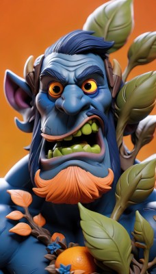 solo,looking at viewer,open mouth,1boy,animal ears,blue hair,upper body,flower,male focus,food,teeth,pointy ears,orange eyes,fruit,colored skin,facial hair,leaf,fangs,plant,portrait,beard,colored sclera,mustache,blue skin,orange background,smile,short hair,simple background,holding,artist name,branch,green skin,very short hair,yellow sclera,wrinkled skin