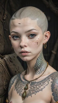 1girl,solo,breasts,looking at viewer,short hair,blue eyes,jewelry,nipples,collarbone,upper body,grey hair,nude,earrings,small breasts,parted lips,necklace,lips,grey eyes,tattoo,piercing,armlet,freckles,realistic,arm tattoo,very short hair,cleavage,medium breasts,teeth,eyelashes,bald,facial tattoo