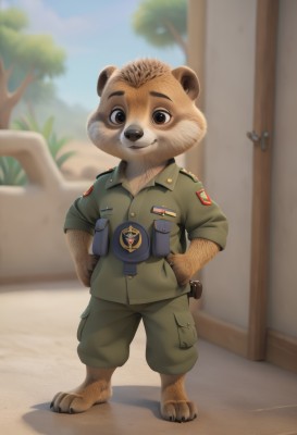 solo,looking at viewer,smile,shirt,1boy,animal ears,brown eyes,closed mouth,standing,full body,male focus,outdoors,sky,barefoot,day,blurry,uniform,black eyes,tree,military,military uniform,blurry background,furry,pocket,hands on hips,green shirt,breast pocket,furry male,male child,badge,green pants,weapon,no humans,shadow,sleeves rolled up,bear