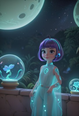 1girl,solo,looking at viewer,blush,smile,short hair,bangs,dress,bare shoulders,jewelry,closed mouth,standing,purple hair,ahoge,hairband,earrings,outdoors,sky,pussy,sleeveless,belt,artist name,blunt bangs,white dress,black eyes,flat chest,dark-skinned female,lips,see-through,bare arms,loli,tattoo,no panties,night,sleeveless dress,glowing,moon,bob cut,plant,star (sky),night sky,full moon,starry sky,see-through dress,panties,flower,child