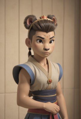 1girl,solo,looking at viewer,blush,brown hair,black hair,1boy,animal ears,twintails,brown eyes,closed mouth,upper body,male focus,hairband,japanese clothes,sleeveless,lips,sash,facial mark,child,forehead mark,male child,hair ornament,realistic,bear ears,dougi