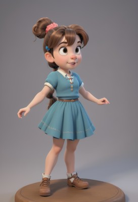 1girl,solo,long hair,smile,open mouth,skirt,simple background,brown hair,shirt,hair ornament,dress,brown eyes,standing,full body,ponytail,short sleeves,shoes,teeth,socks,hairclip,belt,grey background,lips,blue skirt,blue dress,brown footwear,scrunchie,aged down,child,hair scrunchie,female child,faux figurine,puffy sleeves,hair bun,single hair bun,nose