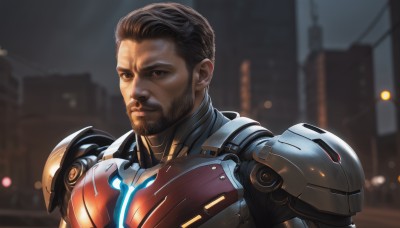 solo,looking at viewer,short hair,brown hair,black hair,1boy,brown eyes,closed mouth,upper body,male focus,outdoors,dark skin,armor,blurry,night,blurry background,facial hair,dark-skinned male,building,beard,science fiction,city,realistic,manly,animification,undercut,power armor,portrait,power suit,power suit (metroid)