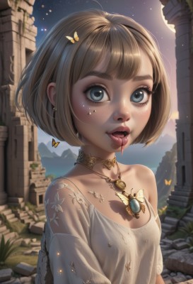 1girl,solo,breasts,looking at viewer,short hair,open mouth,bangs,blue eyes,blonde hair,brown hair,dress,cleavage,bare shoulders,jewelry,collarbone,upper body,earrings,small breasts,outdoors,sky,teeth,choker,tongue,artist name,tongue out,necklace,off shoulder,white dress,lips,see-through,eyelashes,saliva,blood,tattoo,makeup,night,moon,bob cut,bug,butterfly,star (sky),pendant,starry sky,freckles,nose,ruins,mascara,hair ornament,parted lips,pillar