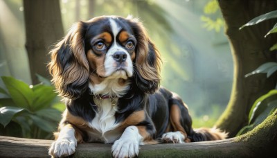 HQ,brown eyes,closed mouth,outdoors,day,blurry,collar,tree,no humans,animal,leaf,sunlight,plant,nature,dog,realistic,animal focus,solo,looking at viewer,yellow eyes,signature,bell,blurry background,on stomach,neck bell,forest,light rays