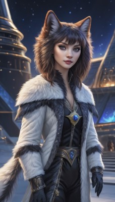 1girl,solo,breasts,looking at viewer,smile,bangs,brown hair,black hair,gloves,long sleeves,animal ears,brown eyes,jewelry,standing,cowboy shot,earrings,outdoors,parted lips,open clothes,sky,black gloves,pants,artist name,cat ears,hood,medium hair,blurry,bracelet,lips,coat,animal ear fluff,fur trim,makeup,night,blurry background,lipstick,gem,star (sky),night sky,open coat,nose,arms at sides,white coat,winter clothes,red lips,fur-trimmed coat,grey coat,fur coat,long hair,cleavage,medium breasts,tail,small breasts,belt,necklace,fox ears,black pants,ring,wolf ears,building,snow,pendant,snowing,stairs,realistic