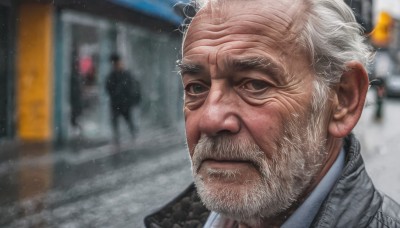 solo,looking at viewer,short hair,1boy,closed mouth,white hair,male focus,outdoors,multiple boys,solo focus,artist name,signature,blurry,black eyes,blurry background,facial hair,portrait,beard,realistic,mustache,bald,manly,old,old man,wrinkled skin,blue eyes,grey hair,grey eyes,depth of field