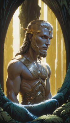 solo,long hair,looking at viewer,blue eyes,blonde hair,brown hair,1boy,closed mouth,upper body,male focus,outdoors,artist name,signature,armor,tree,lips,muscular,facial hair,sunlight,pectorals,plant,muscular male,nature,beard,forest,backlighting,topless male,circlet,realistic,nose,manly,pointy ears,leaf,crown,elf