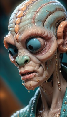 1girl,solo,looking at viewer,blue eyes,jewelry,parted lips,teeth,shiny,artist name,necklace,blurry,black eyes,lips,no humans,blurry background,colored skin,portrait,tentacles,close-up,monster,realistic,alien,earrings,horns,saliva,monster girl,nose,scales,dripping,extra eyes,horror (theme)