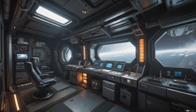 sky,artist name,cloud,indoors,signature,no humans,window,scenery,science fiction,realistic,cable,space,computer,monitor,planet,earth (planet),spacecraft,spacesuit,cockpit,seat,robot,machinery,screen