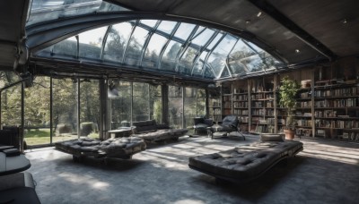 outdoors,sky,day,indoors,tree,book,no humans,window,chair,table,sunlight,plant,scenery,couch,wooden floor,stairs,bookshelf,potted plant,shelf,book stack,library,shadow,ground vehicle,building,snow,lamp