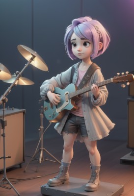 1girl,solo,smile,short hair,bangs,shirt,hair ornament,long sleeves,holding,brown eyes,closed mouth,standing,jacket,full body,pink hair,purple hair,multicolored hair,boots,open clothes,shorts,socks,hairclip,artist name,indoors,two-tone hair,lips,short shorts,brown footwear,black shorts,cardigan,denim,instrument,child,cross-laced footwear,denim shorts,pink shirt,music,guitar,female child,cutoffs,playing instrument,holding instrument,electric guitar,drum,stage,bass guitar,drum set,amplifier,blue hair,hood,coat,hoodie