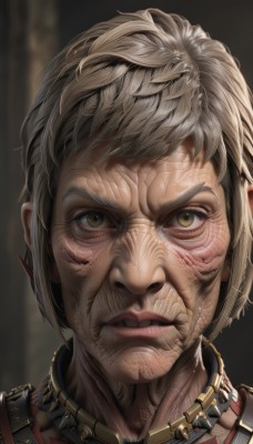 1girl,solo,looking at viewer,short hair,1boy,brown eyes,jewelry,green eyes,yellow eyes,grey hair,male focus,parted lips,teeth,necklace,blurry,lips,blurry background,scar,portrait,close-up,realistic,nose,old,wrinkled skin,closed mouth,collar,scar on face,veins,serious,manly