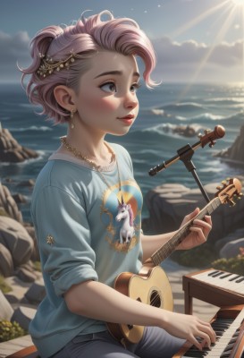 1girl,solo,blush,smile,short hair,blue eyes,shirt,hair ornament,holding,jewelry,sitting,collarbone,ponytail,pink hair,earrings,small breasts,outdoors,sky,day,pants,artist name,cloud,signature,water,necklace,blurry,lips,grey eyes,makeup,blurry background,ocean,watermark,looking away,beach,sunlight,blue shirt,denim,t-shirt,instrument,web address,freckles,short ponytail,jeans,rock,nose,music,sun,guitar,red lips,playing instrument,holding instrument,breasts,brown eyes,grey hair,eyelashes,depth of field,cloudy sky,lipstick,microphone,light rays,realistic