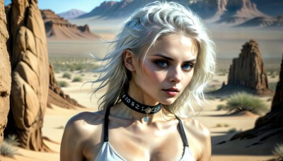 HQ,1girl,solo,breasts,looking at viewer,short hair,blue eyes,cleavage,bare shoulders,jewelry,medium breasts,collarbone,upper body,white hair,earrings,outdoors,parted lips,teeth,choker,day,medium hair,necklace,blurry,lips,depth of field,blurry background,black choker,portrait,freckles,mountain,realistic,nose,desert,blonde hair,underwear,sky,bra,beach,sunlight,wind