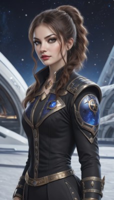 1girl,solo,long hair,breasts,looking at viewer,brown hair,gloves,long sleeves,brown eyes,jewelry,medium breasts,closed mouth,standing,upper body,ponytail,outdoors,sky,belt,artist name,signature,armor,blurry,lips,makeup,night,blurry background,wavy hair,lipstick,gem,star (sky),snow,starry sky,snowing,realistic,nose,arms at sides,red lips,jacket,necklace,black jacket,grey eyes,night sky,curly hair