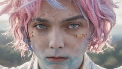 solo,looking at viewer,short hair,blue eyes,shirt,1boy,closed mouth,white shirt,pink hair,white hair,male focus,multicolored hair,blurry,lips,grey eyes,eyelashes,depth of field,blurry background,heterochromia,portrait,close-up,realistic,nose,straight-on,1girl,bangs,jewelry,green eyes,earrings,floating hair,expressionless,wind,freckles