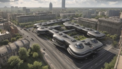 outdoors,sky,day,cloud,signature,tree,no humans,cloudy sky,ground vehicle,building,scenery,motor vehicle,science fiction,city,car,road,cityscape,vehicle focus,skyscraper,water,ocean,bridge,river,landscape,real world location