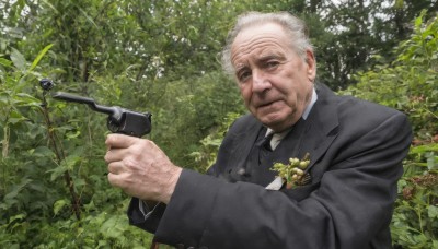 solo,looking at viewer,short hair,shirt,long sleeves,1boy,holding,closed mouth,jacket,white shirt,upper body,weapon,flower,white hair,grey hair,male focus,outdoors,necktie,collared shirt,holding weapon,black eyes,tree,black jacket,gun,facial hair,formal,suit,plant,holding gun,nature,black necktie,handgun,realistic,old,old man,wrinkled skin,day,leaf,expressionless,grass,white flower,yellow flower,black suit,what,ugly man