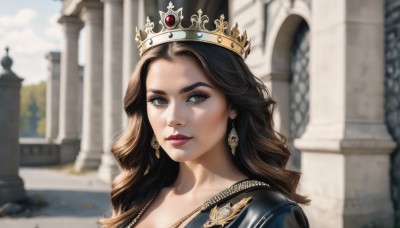 1girl,solo,long hair,looking at viewer,brown hair,brown eyes,jewelry,upper body,earrings,outdoors,parted lips,sky,day,cloud,blurry,lips,makeup,depth of field,blurry background,wavy hair,crown,lipstick,portrait,realistic,nose,red lips,pillar,column,black hair,eyelashes,gem,forehead