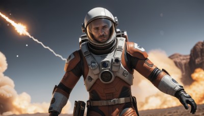 solo,gloves,1boy,weapon,male focus,sky,cloud,armor,blurry,facial hair,helmet,smoke,science fiction,realistic,pilot suit,explosion,spacesuit,looking at viewer,brown eyes,holster,astronaut