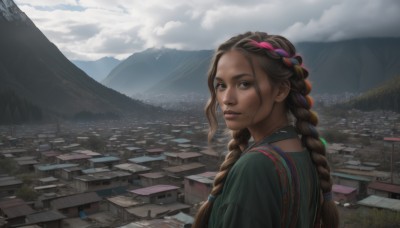 1girl,solo,long hair,looking at viewer,smile,brown hair,hair ornament,brown eyes,closed mouth,upper body,braid,outdoors,sky,day,looking back,cloud,dark skin,twin braids,tree,lips,looking to the side,single braid,bird,cloudy sky,building,scenery,freckles,mountain,city,realistic,nose,cityscape,landscape,mountainous horizon,multiple braids,from behind,dark-skinned female