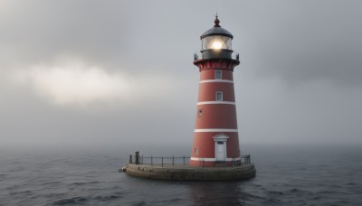 outdoors,sky,cloud,water,no humans,ocean,cloudy sky,building,scenery,watercraft,bridge,lamppost,ship,tower,boat,fog,grey sky,clock tower,glowing,horizon,lighthouse