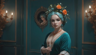 1girl,solo,breasts,looking at viewer,short hair,blue eyes,hair ornament,long sleeves,dress,cleavage,jewelry,medium breasts,closed mouth,blue hair,upper body,flower,earrings,small breasts,parted lips,indoors,hair flower,necklace,mole,lips,fingernails,eyelashes,no bra,aqua hair,makeup,rose,leaf,own hands together,red flower,gem,pendant,reflection,mirror,realistic,nose,candle,pearl necklace,painting (object),orange flower,plunging neckline,candlelight,brown eyes,red lips,candlestand,portrait (object)