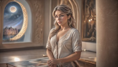 1girl,solo,long hair,breasts,looking at viewer,smile,brown hair,dress,cleavage,brown eyes,jewelry,medium breasts,closed mouth,collarbone,upper body,short sleeves,earrings,small breasts,sky,indoors,white dress,blurry,lips,window,night,moon,table,own hands together,star (sky),night sky,full moon,reflection,realistic,painting (object),moonlight,weapon,water,ring,knife,starry sky,fantasy,castle