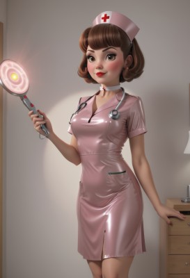 1girl,solo,breasts,looking at viewer,blush,smile,short hair,bangs,brown hair,hat,dress,holding,brown eyes,jewelry,medium breasts,standing,short sleeves,earrings,choker,shiny,indoors,nail polish,lips,makeup,lipstick,pink dress,red nails,curly hair,nurse cap,red lips,nurse,white choker,syringe,stethoscope,freckles,pink headwear,magnifying glass