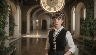 1girl,solo,long hair,looking at viewer,bangs,brown hair,shirt,long sleeves,brown eyes,closed mouth,standing,white shirt,upper body,braid,hairband,collared shirt,indoors,blurry,vest,lips,window,blurry background,plant,black vest,realistic,clock,red lips,pillar,roman numeral,arch,column,jewelry,earrings,outdoors,necklace,makeup,leaf,sunlight,lipstick,sleeves rolled up,architecture,sleeves pushed up