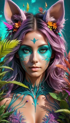 1girl,solo,long hair,breasts,looking at viewer,smile,large breasts,hair ornament,animal ears,cleavage,bare shoulders,brown eyes,medium breasts,closed mouth,green eyes,upper body,purple hair,flower,artist name,hair flower,lips,fox ears,eyelashes,makeup,glowing,leaf,facial mark,plant,lipstick,portrait,eyeshadow,nose,eyeliner,whisker markings,mascara,aqua eyes,realistic