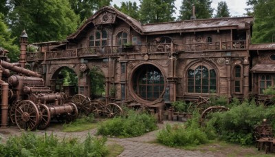 outdoors,sky,day,tree,no humans,window,grass,plant,ground vehicle,building,nature,scenery,motor vehicle,forest,stairs,door,clock,road,bush,house,bridge,gears,path,wheel,pavement,chimney,flower,cloud,architecture,bicycle