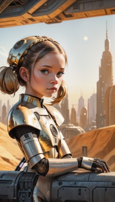 1girl,solo,looking at viewer,short hair,brown hair,twintails,brown eyes,upper body,braid,outdoors,parted lips,sky,day,hair bun,armor,lips,headgear,building,science fiction,breastplate,city,realistic,desert,from side,double bun,sunlight,forehead,backlighting,nose,cityscape,braided bun,cyberpunk