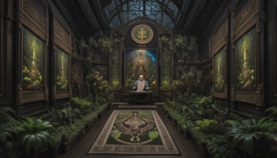 1girl,solo,short hair,brown hair,1boy,sitting,flower,male focus,indoors,window,leaf,table,plant,scenery,wooden floor,stairs,fantasy,potted plant,candle,vines,picture frame,painting (object),arch,chandelier,shirt,white shirt,short sleeves,book,bird,cross,statue,stained glass,overgrown