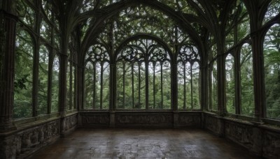 outdoors,day,tree,dutch angle,no humans,window,sunlight,nature,scenery,forest,road,ruins,pillar,path,arch,column,pavement,stone floor,indoors,plant,fantasy,overgrown