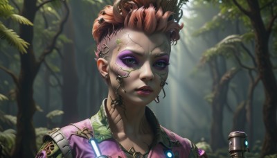 1girl,solo,looking at viewer,short hair,brown hair,jewelry,green eyes,collarbone,upper body,earrings,outdoors,parted lips,hair bun,blurry,tree,lips,tattoo,makeup,blurry background,plant,lipstick,portrait,nature,eyeshadow,forest,science fiction,realistic,nose,eyeliner,cyborg,mascara,orange hair,eyelashes,leaf,piercing,sunlight