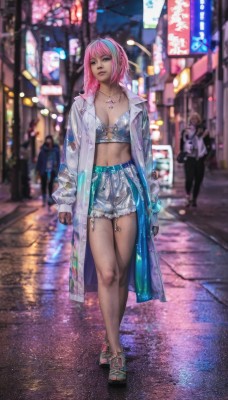 1girl,breasts,looking at viewer,bangs,long sleeves,navel,cleavage,jewelry,medium breasts,underwear,standing,jacket,full body,pink hair,multicolored hair,hairband,outdoors,open clothes,shoes,shorts,solo focus,midriff,medium hair,necklace,nail polish,bra,blurry,two-tone hair,lips,streaked hair,coat,sleeves past wrists,short shorts,night,blurry background,white jacket,sneakers,walking,open coat,white shorts,city,realistic,white coat,road,navel piercing,street,fashion,short hair,earrings,belt,pink eyes,high heels,open jacket,dark-skinned female,sandals,bikini top only,rain,toenails,denim shorts,toenail polish,cutoffs,cyberpunk