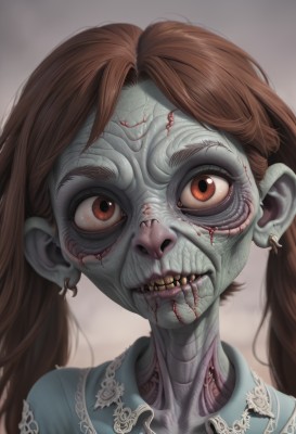 1girl,solo,long hair,looking at viewer,smile,brown hair,shirt,red eyes,twintails,brown eyes,jewelry,earrings,teeth,collared shirt,blood,colored skin,portrait,veins,stitches,grey skin,zombie,horror (theme),guro,blurry,clenched teeth,extra eyes