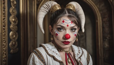 1girl,solo,looking at viewer,shirt,black hair,hair ornament,brown eyes,jewelry,closed mouth,upper body,earrings,horns,indoors,necklace,blurry,black eyes,collar,lips,eyelashes,makeup,blurry background,facial mark,lipstick,portrait,eyeshadow,mirror,forehead mark,realistic,nose,red lips,facepaint,clown,short hair,twintails,grey eyes,forehead,painting (object)