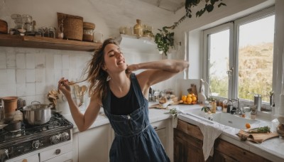 1girl,solo,long hair,open mouth,brown hair,dress,holding,bare shoulders,jewelry,standing,closed eyes,earrings,food,teeth,sleeveless,day,indoors,armpits,nail polish,arm up,cup,window,fruit,sleeveless dress,sunlight,bottle,plant,towel,scenery,plate,realistic,tiles,overalls,bathroom,yawning,tile wall,orange (fruit),kitchen,sink,soap,faucet,cabinet,morning,stove,cutting board,smile,tree,knife,bowl,jar