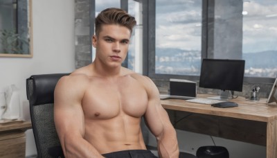 solo,looking at viewer,short hair,brown hair,1boy,navel,brown eyes,sitting,closed mouth,nipples,upper body,male focus,sky,pants,cloud,indoors,cup,window,muscular,chair,abs,pectorals,muscular male,bara,large pectorals,topless male,realistic,lamp,computer,keyboard (computer),blue eyes,day,black pants,desk,meme,monitor