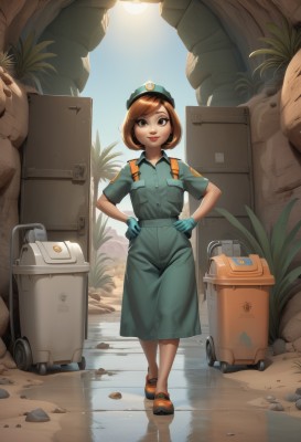 1girl,solo,looking at viewer,smile,short hair,brown hair,shirt,gloves,hat,dress,brown eyes,closed mouth,standing,full body,short sleeves,outdoors,shoes,day,water,uniform,black eyes,tree,lips,swept bangs,plant,backlighting,reflection,walking,hands on hips,collared dress,green gloves,bangs,skirt,bag,military,makeup,buttons,brown footwear,sunlight,long skirt,nose,green headwear,sun,badge,suitcase