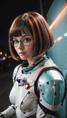 1girl,solo,breasts,looking at viewer,short hair,bangs,brown hair,black hair,brown eyes,closed mouth,upper body,multicolored hair,glasses,blunt bangs,orange hair,armor,blurry,black eyes,two-tone hair,lips,streaked hair,bodysuit,blurry background,bob cut,shoulder armor,freckles,science fiction,black-framed eyewear,breastplate,realistic,nose,spacesuit,blue eyes,power armor