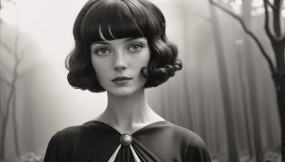 1girl,solo,looking at viewer,short hair,bangs,jewelry,closed mouth,monochrome,upper body,greyscale,outdoors,artist name,blunt bangs,blurry,tree,lips,dutch angle,eyelashes,blurry background,bob cut,brooch,portrait,nature,forest,freckles,curly hair,realistic,nose,dress